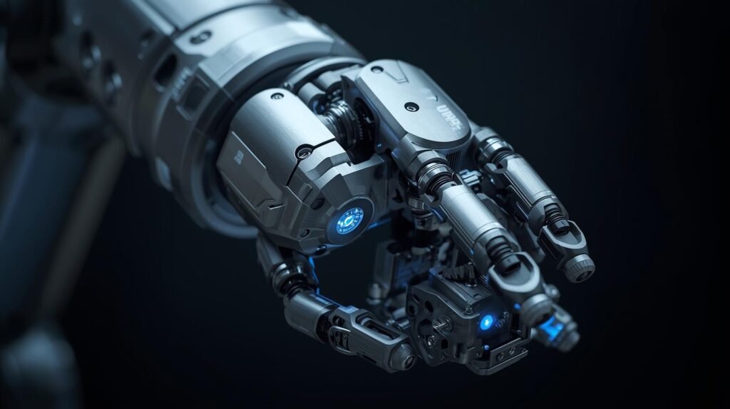 Robot manipulators with articulated joints gripping an industrial component.