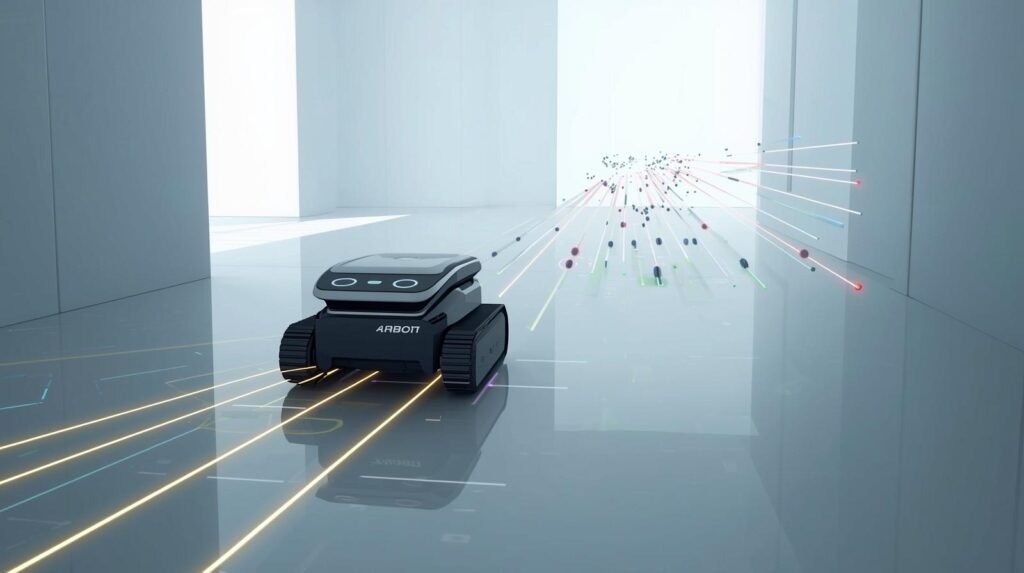 Robot navigation system guiding an autonomous robot indoors.