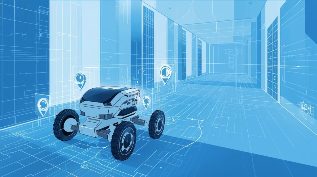 Robot navigation system guiding a robot through an indoor environment.