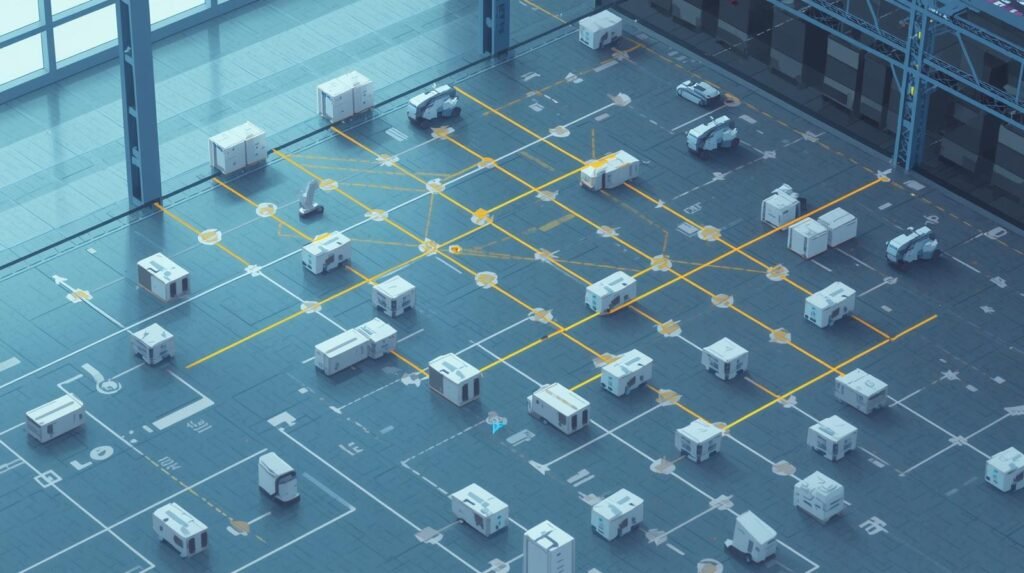 Robot pathfinding selecting optimal routes in a warehouse environment.