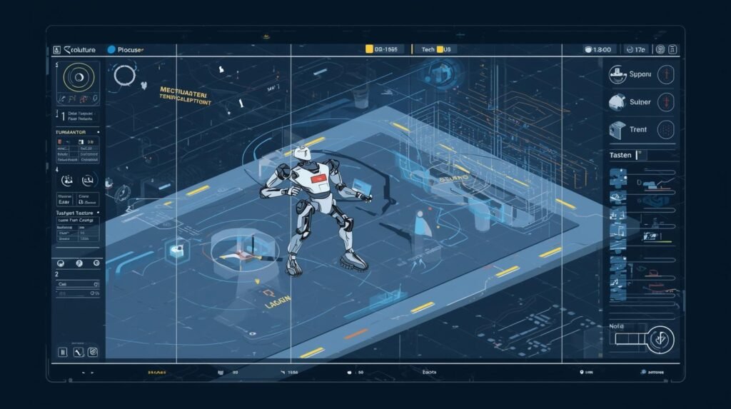 Robot simulation software testing robotic behavior in a virtual environment.