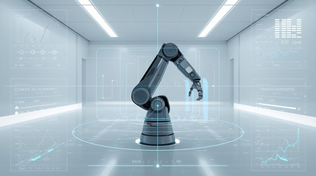 Robot simulation software visualizing robotic motion and behavior in a virtual workspace.
