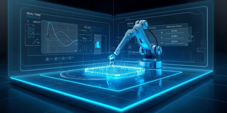 Robot simulation software visualizing robotic motion and behavior in a virtual workspace.