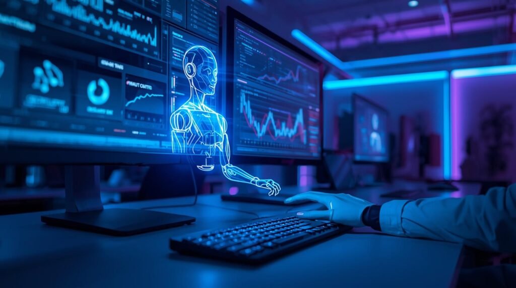 Digital robot automating computer tasks on multiple screens, representing robotic process automation in modern office workflows.