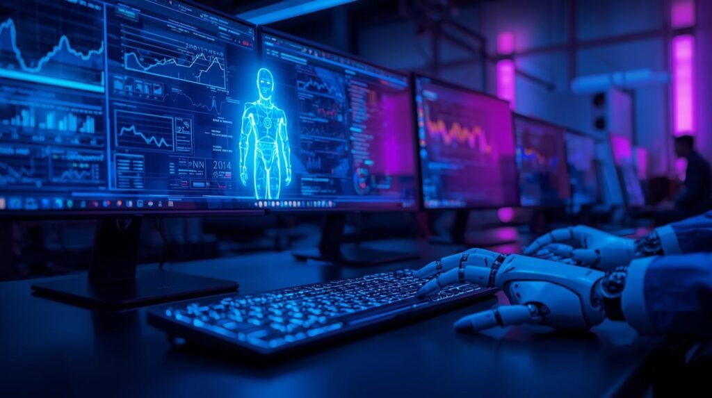 Digital robot automating computer tasks on multiple screens, representing robotic process automation in modern office workflows.