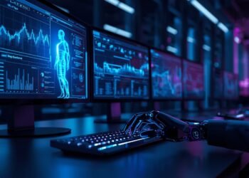 Digital robot automating computer tasks on multiple screens, representing robotic process automation in modern office workflows.