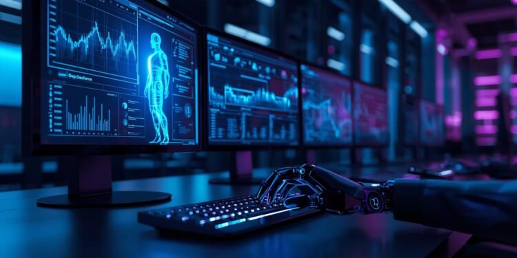 Digital robot automating computer tasks on multiple screens, representing robotic process automation in modern office workflows.