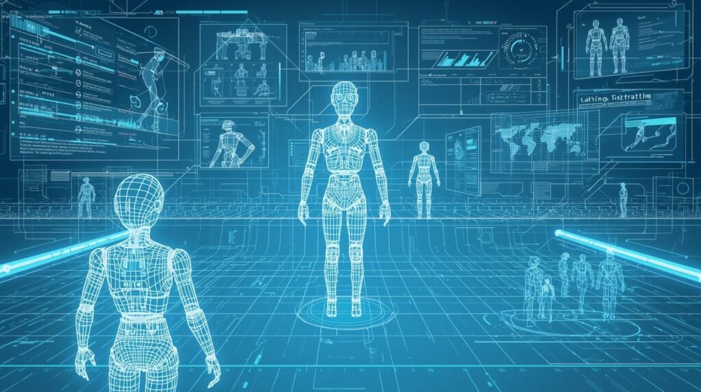 Robotic simulation used to test robot behavior safely in a virtual environment.