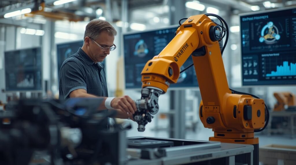 Engineer working alongside an industrial robotic arm in a smart factory, demonstrating modern robotics & automation in manufacturing.