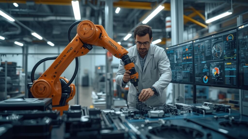 Engineer working alongside an industrial robotic arm in a smart factory, demonstrating modern robotics and automation in manufacturing.
