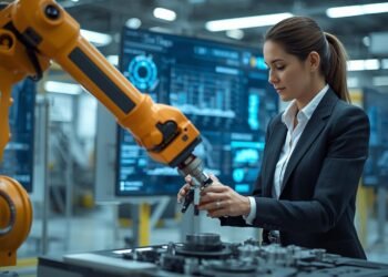 Engineer working alongside an industrial robotic arm in a smart factory, demonstrating modern robotics & automation in manufacturing.