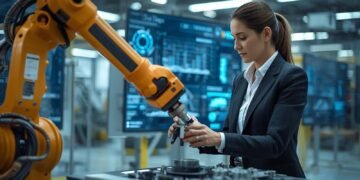 Engineer working alongside an industrial robotic arm in a smart factory, demonstrating modern robotics & automation in manufacturing.