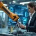 Engineer working alongside an industrial robotic arm in a smart factory, demonstrating modern robotics & automation in manufacturing.