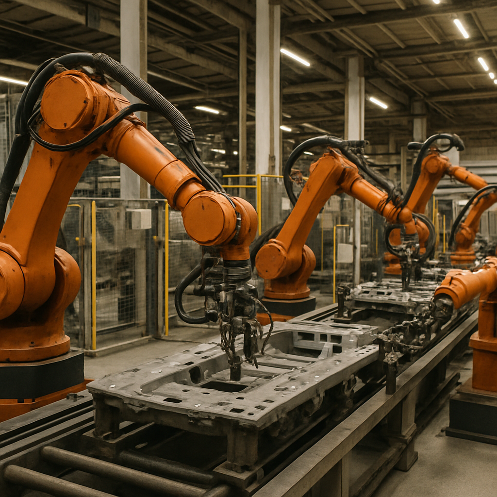 Alt text: Multiple orange industrial robotic arms assembling metal components on an automated production line inside a factory.