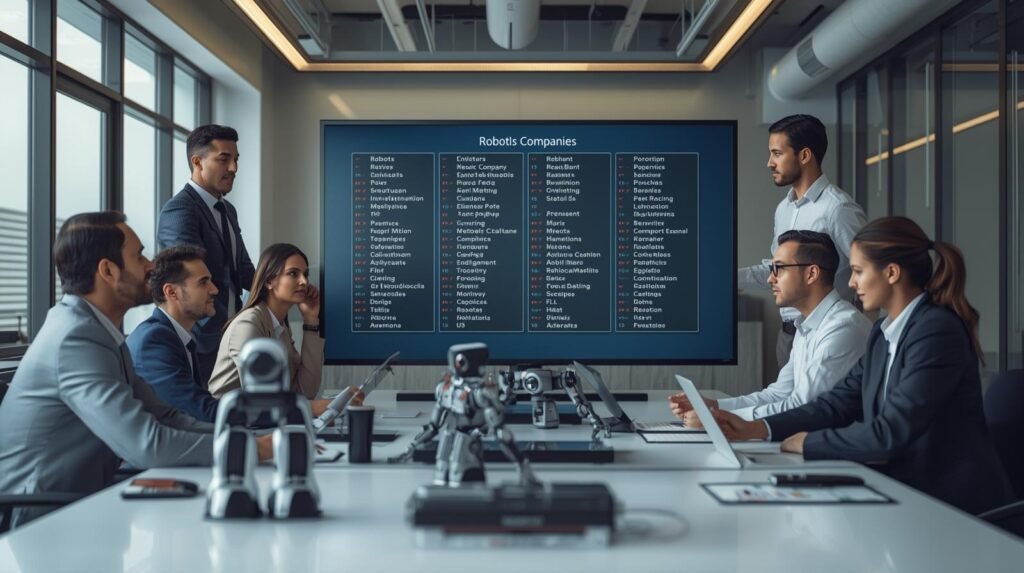 Business professionals in a modern U.S. tech office reviewing a comprehensive list of robotics companies list on a large screen.