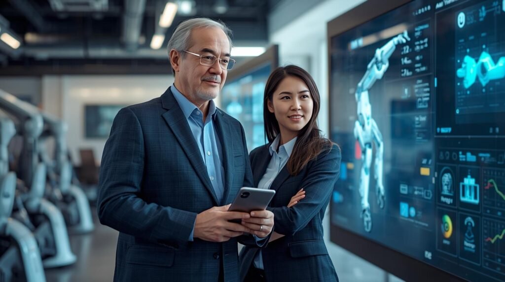 Robotics executive and engineer in a modern U.S. tech facility reviewing advanced robotic systems and AI automation displays.