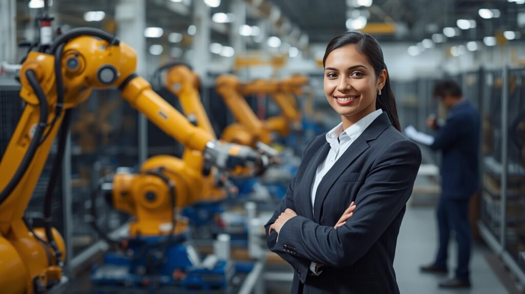Factory engineer in a modern U.S. robotics manufacturing facility with advanced industrial robots and robotic arms working.
