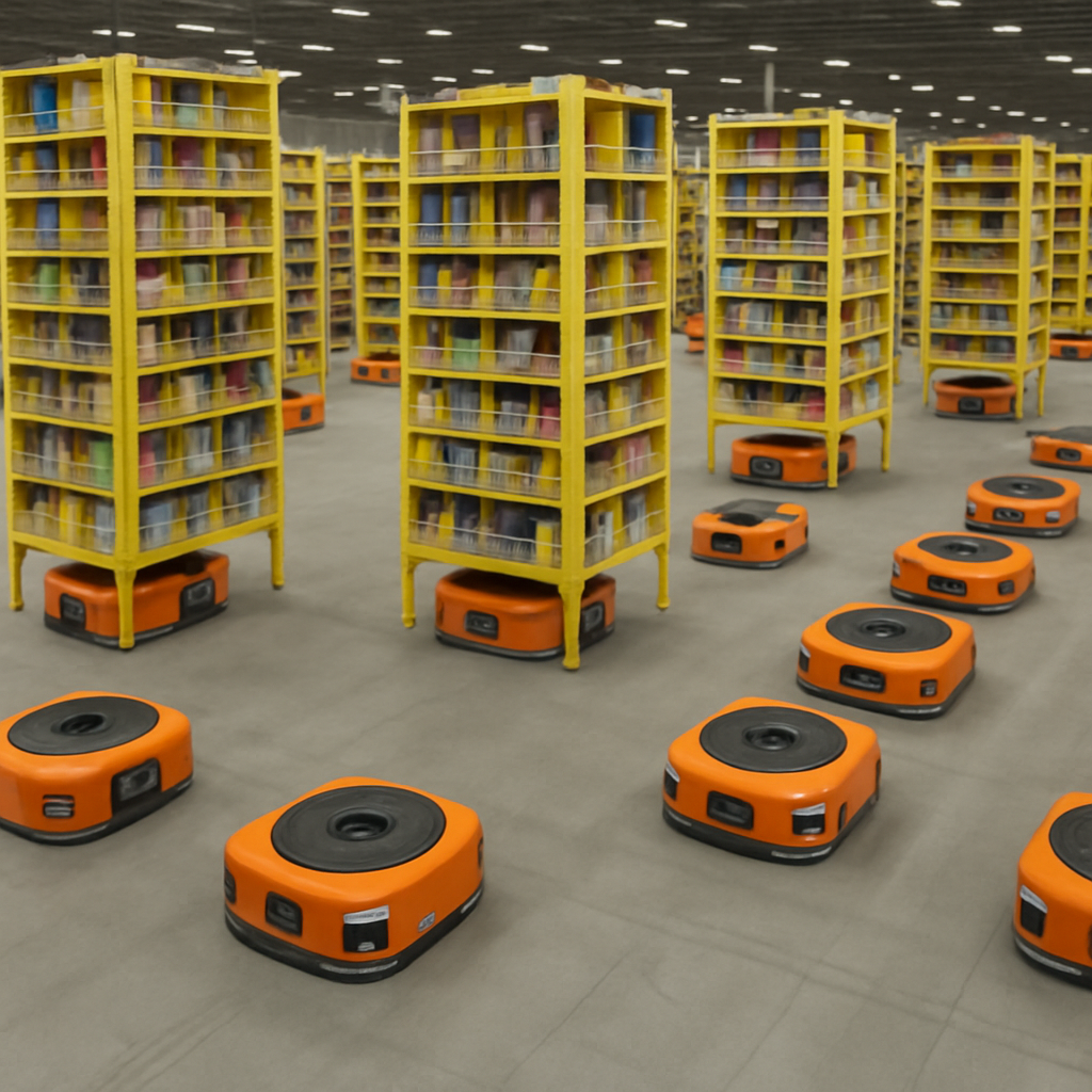 Autonomous warehouse robots transporting inventory shelves inside a modern fulfillment center in the USA.