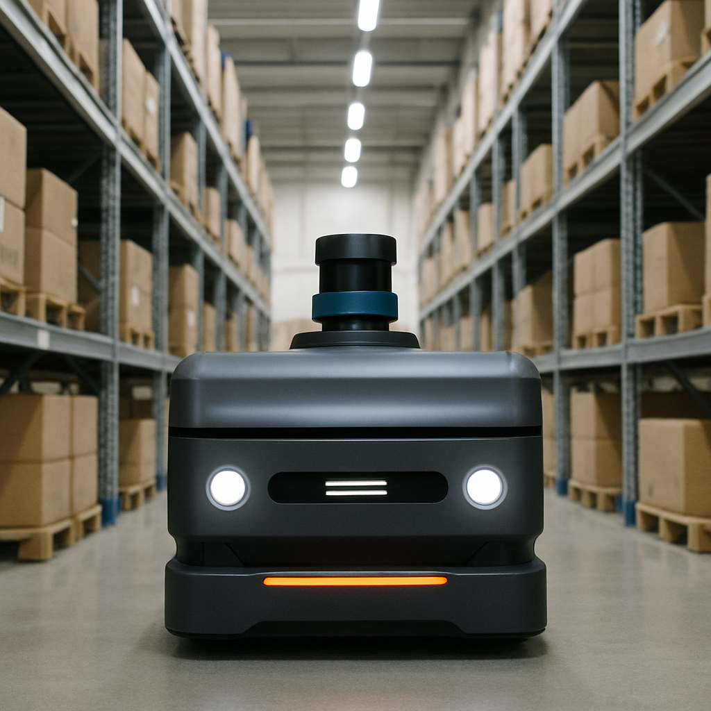 Autonomous mobile robot navigating a warehouse aisle using LiDAR sensors between stacked shelves.