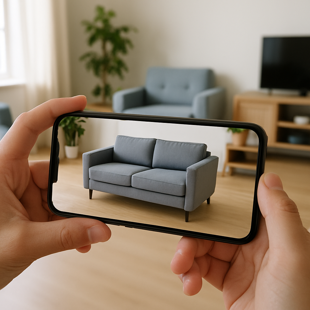 Smartphone using augmented reality to place a virtual sofa in a living room, demonstrating SLAM technology for real-world mapping and positioning.