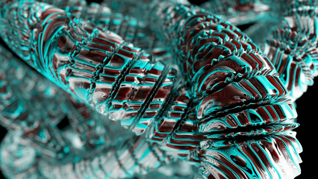 Abstract close-up of intricate metallic and crystalline structures in teal and red tones, symbolizing scalable quantum machines and complex qubit architectures.