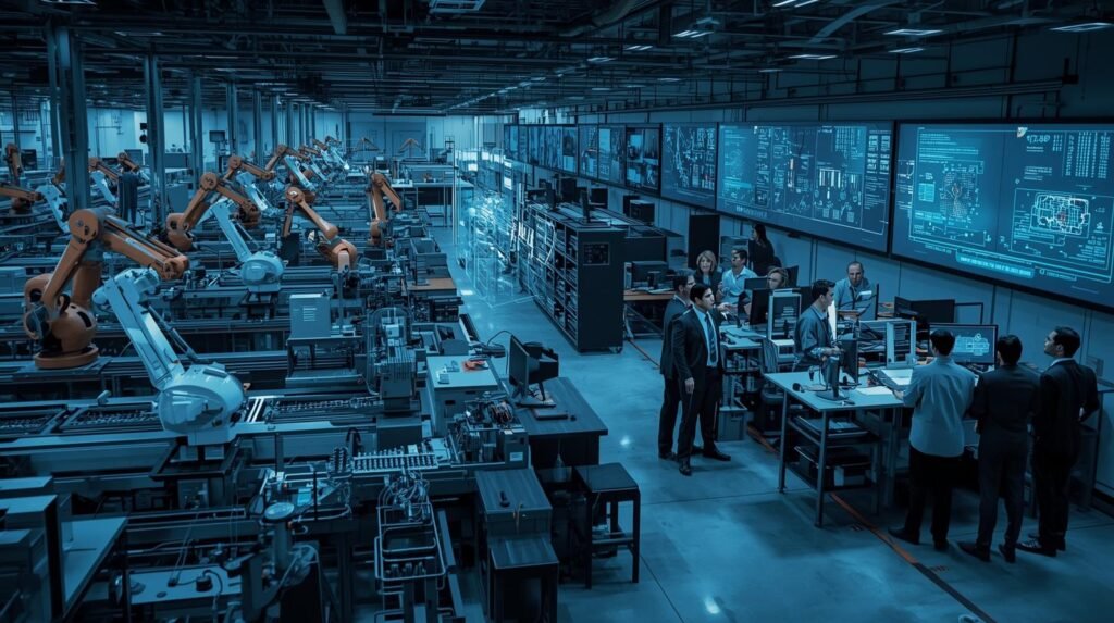 Smart factory technology using AI and sensors for automated quality control.