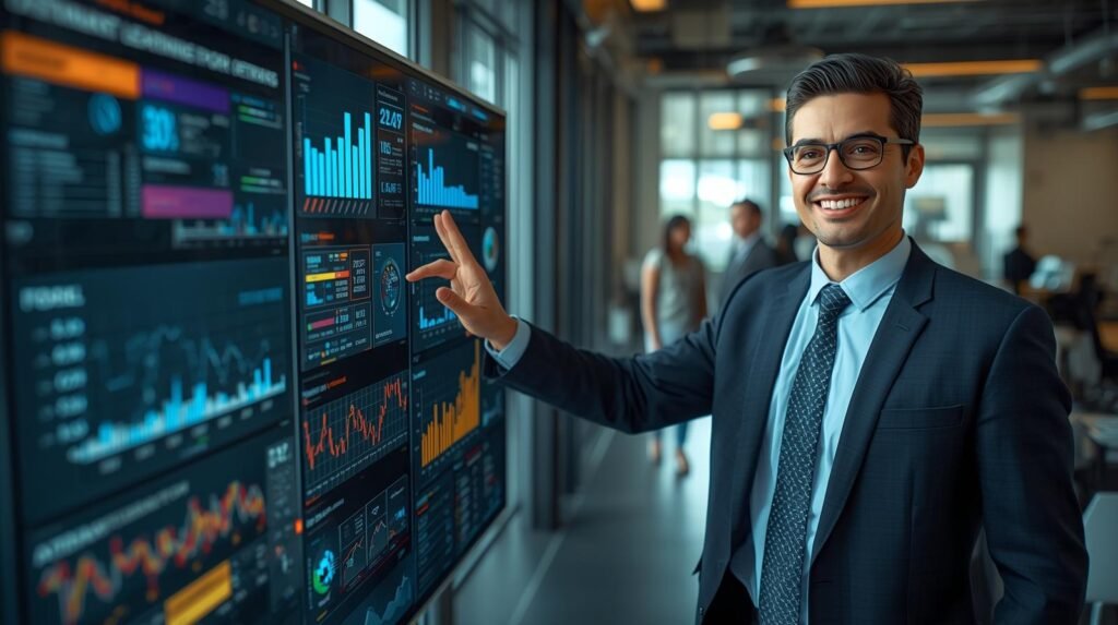Business executive in a modern U.S. office presenting top AI solutions with analytics and automation dashboard on screen.