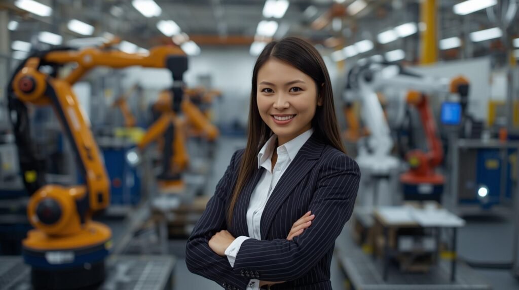 Top Robotics firms: Robotics engineer and executive in a modern U.S. manufacturing facility showcasing advanced industrial robotic arms.