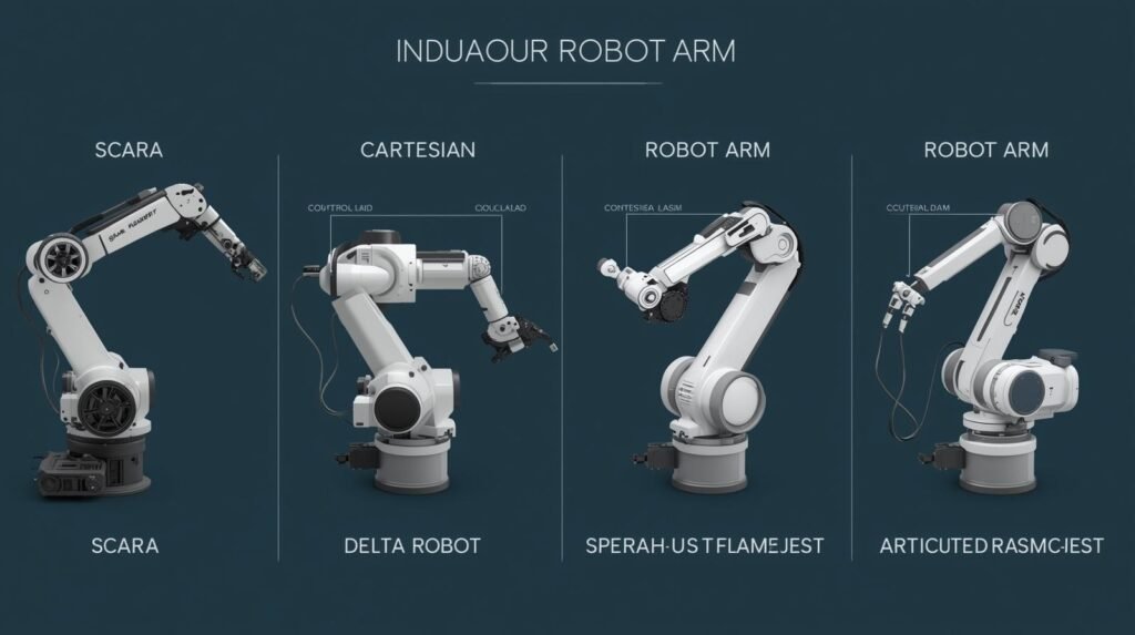 Different types of industrial robot arms used in manufacturing applications.