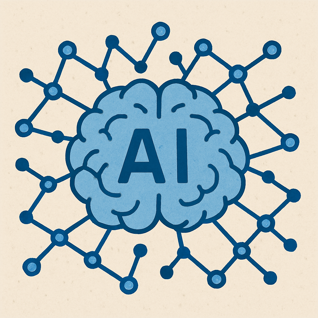 Illustration of a blue brain labeled “AI” with connected network nodes radiating outward, symbolizing machine learning and neural networks.