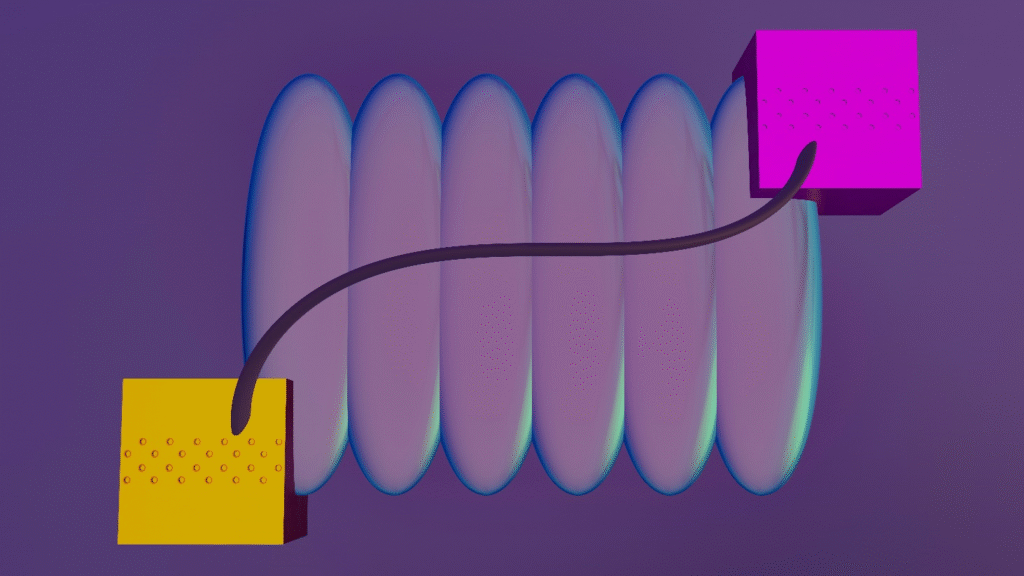 Abstract 3D illustration representing quantum errors, showing two connected blocks linked by a coiled wave-like structure symbolizing qubit interaction and noise interference in a quantum system.