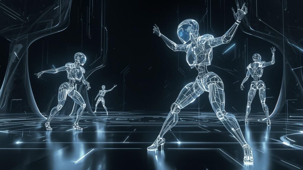 Virtual robotics showing robots operating inside digital simulation environments.