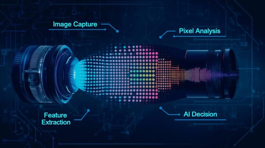 Visual data processing in computer vision showing how AI converts raw images into structured data for analysis and decision-making