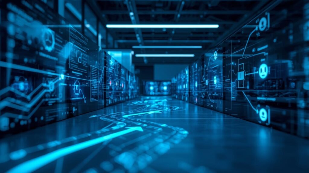 Digital workflow automation diagram connecting business tasks across computer systems.