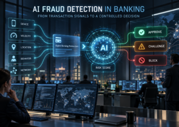 AI fraud detection in banking analyzing device, velocity, location, behavior, and network signals to approve, challenge, or block a transaction.
