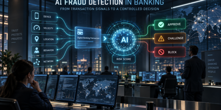 AI fraud detection in banking analyzing device, velocity, location, behavior, and network signals to approve, challenge, or block a transaction.