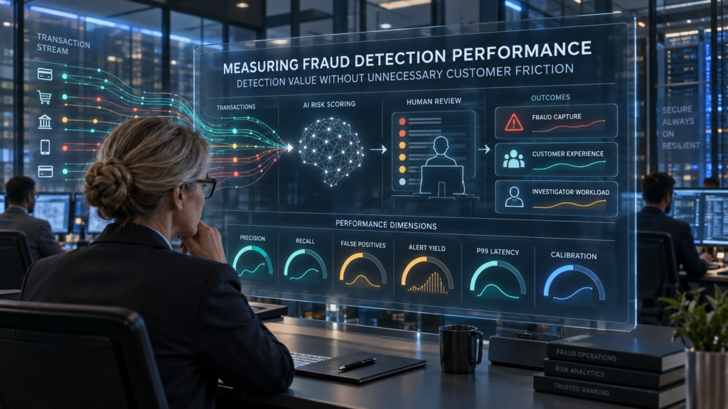 Banking fraud analyst evaluating precision, recall, false positives, alert yield, P99 latency, and model calibration in a secure operations center.