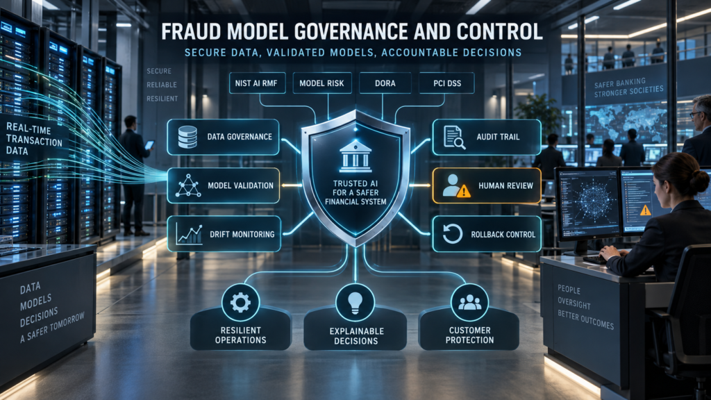 Banking fraud governance system connecting data governance, model validation, drift monitoring, audit trails, human review, and rollback controls.