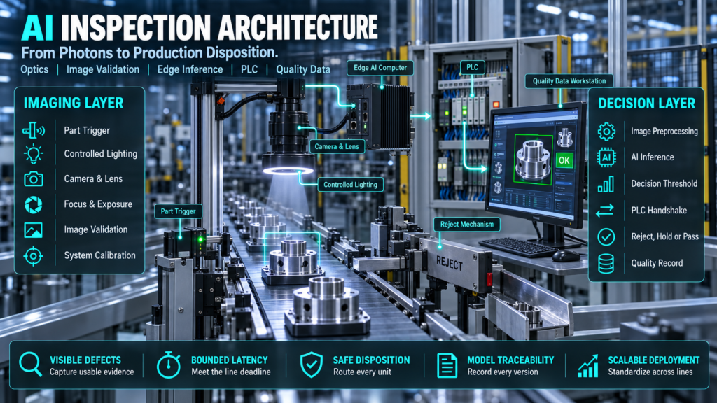 AI inspection architecture connecting controlled lighting, an industrial camera, edge inference, PLC control, reject mechanism and quality records.