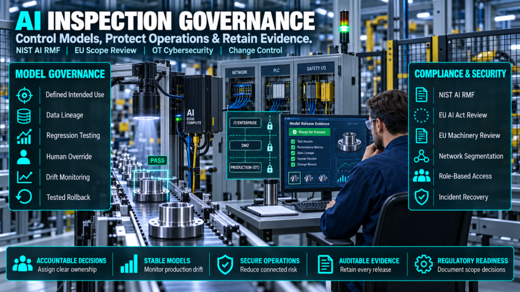 AI manufacturing inspection line with model governance, data lineage, drift monitoring, network segmentation and regulatory review controls.