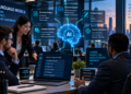 AI language models supporting document analysis, customer service, content creation, translation, and business automation in an enterprise office