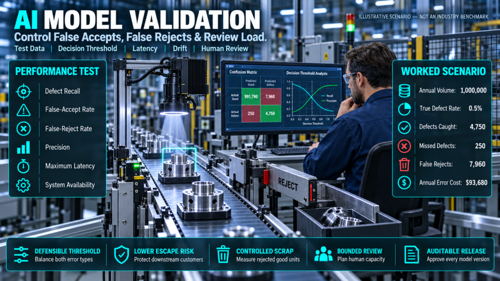 Quality engineer validating an AI inspection model using defect recall, false-accept, false-reject, latency and annual error-cost measurements.