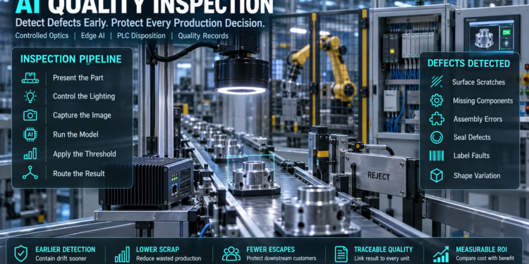 AI quality inspection camera examining machined components with inspection stages, defect categories and manufacturing outcomes.