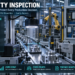 AI quality inspection camera examining machined components with inspection stages, defect categories and manufacturing outcomes.