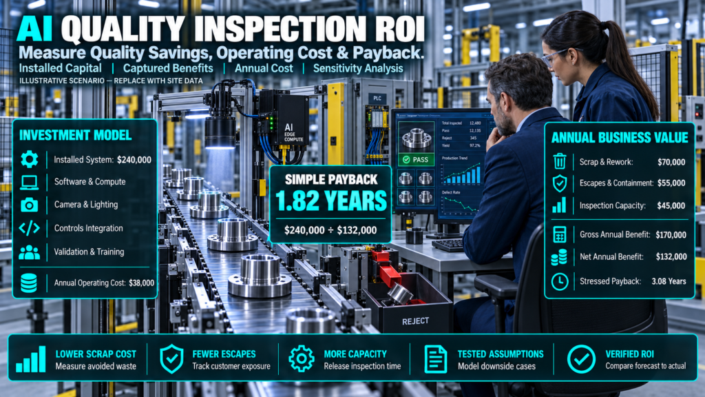 AI manufacturing inspection line with installed-system cost, annual operating expense, captured quality benefits and payback calculations.