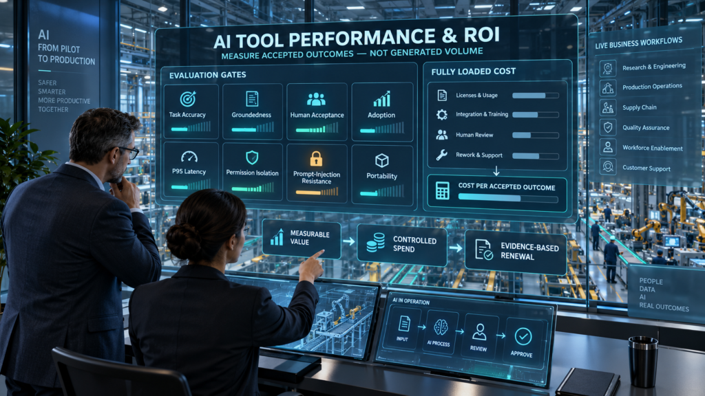 Enterprise AI evaluation center measuring task accuracy, groundedness, human acceptance, adoption, latency, security, portability, and cost per accepted outcome.