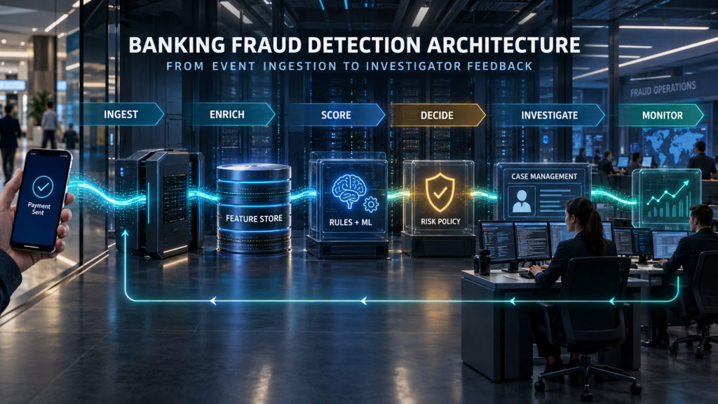 AI fraud detection architecture showing transaction ingestion, feature enrichment, rules and machine-learning scoring, risk decisions, case investigation, and monitoring.