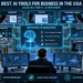 Best Ai Tools for Business in the USA: Enterprise operations center showing AI tools supporting research, content, customer service, automation, analytics, and software delivery for U.S. businesses.
