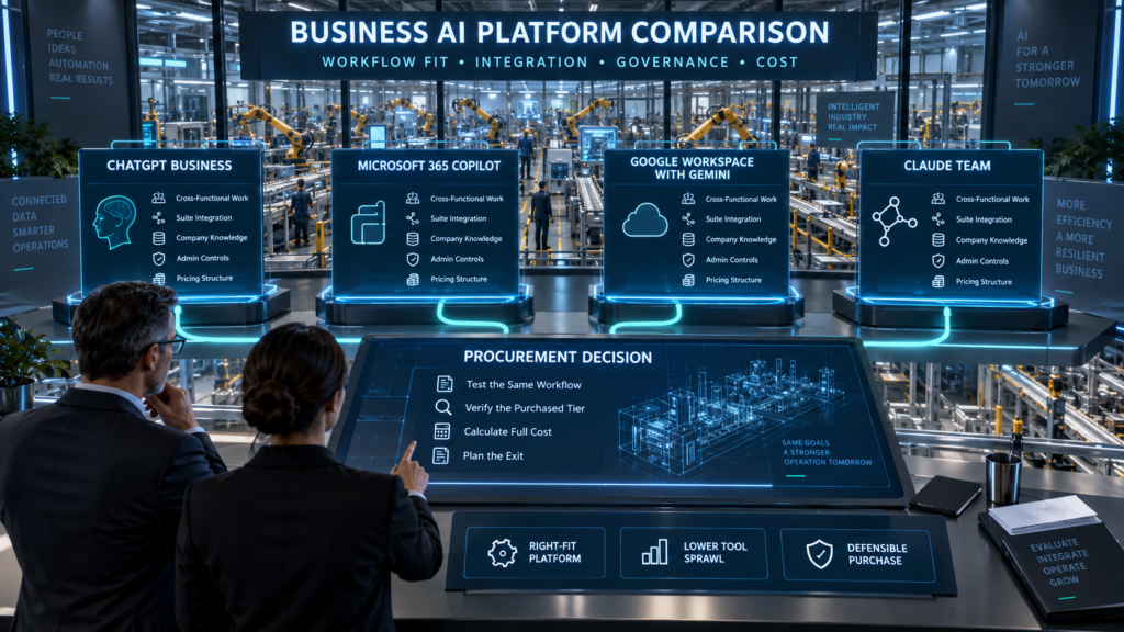 Business AI platform comparison evaluating ChatGPT Business, Microsoft 365 Copilot, Google Workspace with Gemini, and Claude Team by workflow fit, integration, governance, and cost.