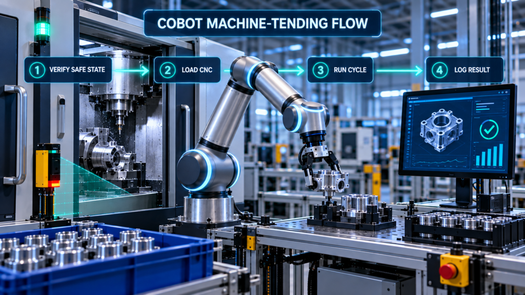 Collaborative robot transferring a precision component from a CNC machine through a four-step verified machine-tending workflow.